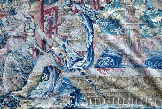 A 17th century tapestry fragment, W.3ft 4in. H.4ft 9in.